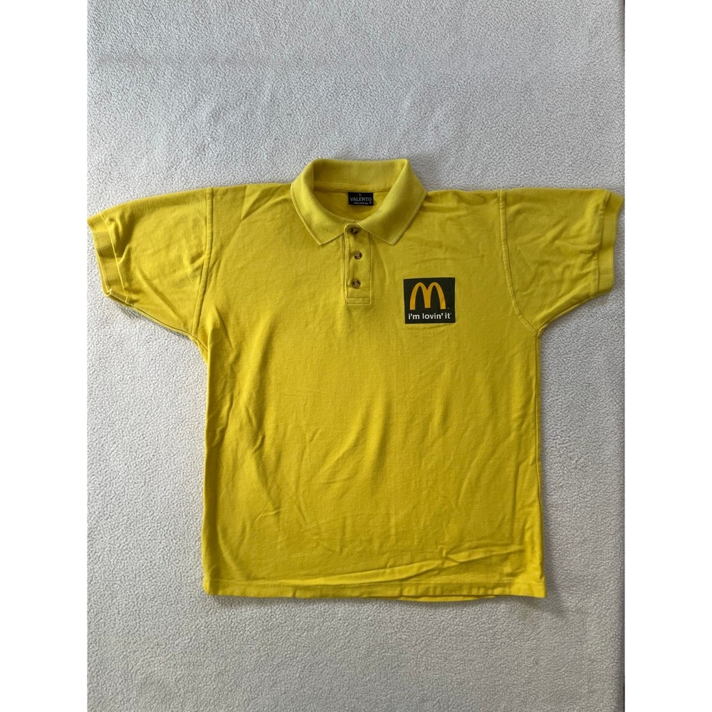 Valento Mens Large Polo Shirt Yellow McDonalds I'm Lovin' It Graphic Logo Pique
